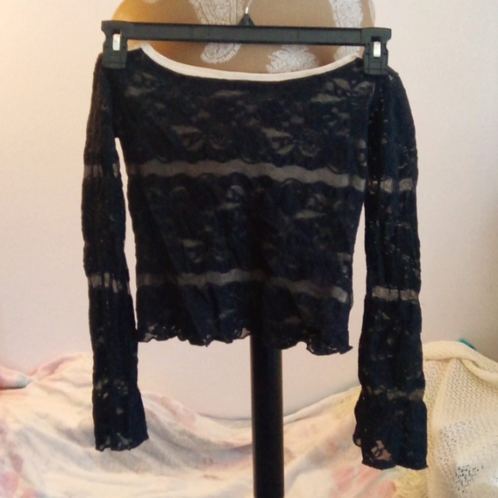 (2 for $15) Long Sleeve Black Lace Cropped Top.